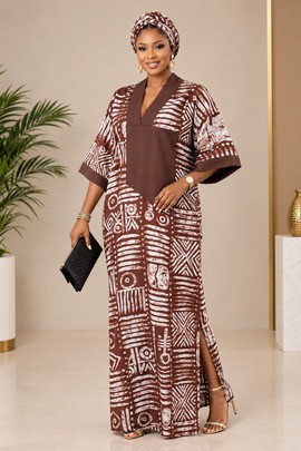 Women’s Brown and Cream African Print Boubou Kaftan Dress with Matching Headwrap