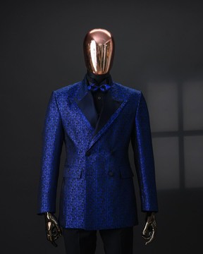 An Azure Blue &amp; black, peak lapel, double-breasted jacquard jacket