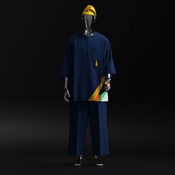 Ensemble de kaftan bleu marine pour homme à rayures diagonales multicolores – tunique et pantalon avec pompon, accompagné d’une casquette