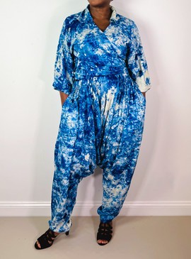 Blue and White Tie-dye Harem Baggy Oversized Jumpsuit
