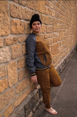 Denim bomber with joggers| Unisex Ankara Bomber| Ankara Fabric