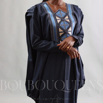 African Boubou dress for women "Keinya" Navy Blue in glazed linen — With headscarf