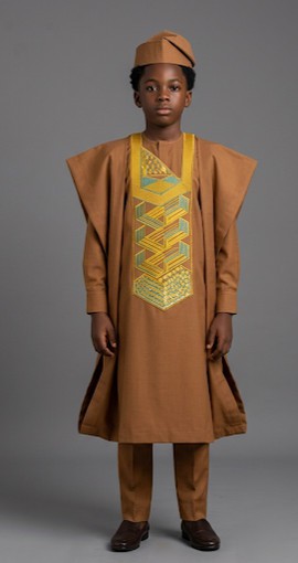 Boys Traditional African Agbada Outfit Set with Cap | 3-Piece
