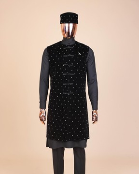 A Charcoal black long sleeve kaftan, Matching velvet jacket.