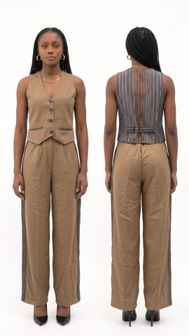 Camel &amp; Midnight Handwoven Aso Oke Waistcoat and Trouser Set