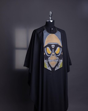 A charcoal black, “Planet Of Apes” embroidery agbada, 3/4 sleeve kaftan &amp; sokoto