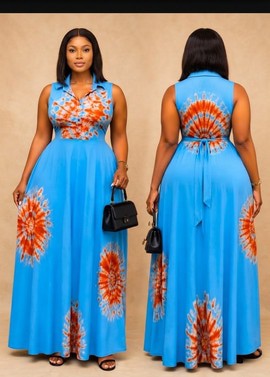 Robe longue à motifs bleus et marrons