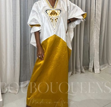 African Boubou Dress for Women "Saba" White &amp; Gold in Glazed Linen — With Scarf