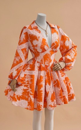 Sexy Orange Floral Mini Dress – Deep V-Neck Flared Skater Dress with Long Sleeves