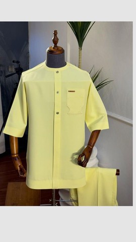 Men's Yellow Mandarin Collar Button-Down Top with Chest Pocket and Trouser Set