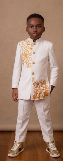 Boys' Ivory &amp; Gold Embroidered Mandarin Collar Suit Set