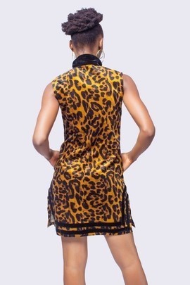 Leopard Print High Collar Mini Dress, Leopard Print Dress, Womens Clothing, African Womens Clothing