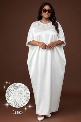 White Lace Kaftan Dress – Elegant African Boubou with Sheer Lace Yoke