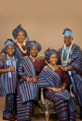 Royal Blue and Wine Striped Handwoven Aso-Oke Luxury Traditional Family Set for Family of  5
