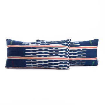 2pcs Navy Blue, Pink and White Handwoven Vintage Baoulé Cloth XL Lumbar Cushion Covers
