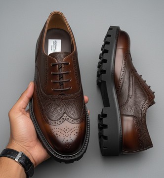 Men's Classic Black Leather Wingtip Brogues with Chunky Lug Sole