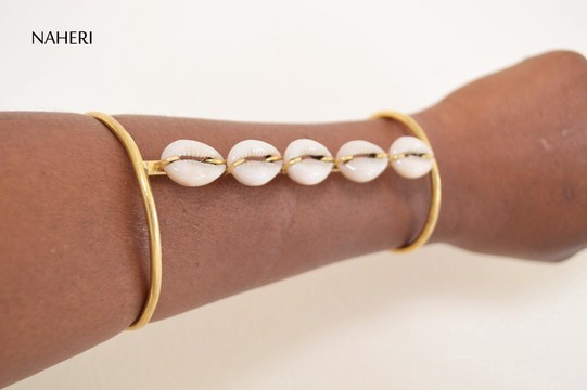 African brass cuff bracelet with cowrie shell handmade jewelry