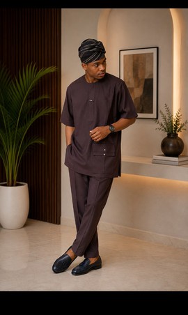 Ensemble pour homme composé d’un haut traditionnel marron foncé avec poche à rabat latérale et d’un pantalon