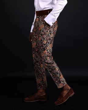 A Pencil Cut, brown mix metallic floral jacquard side strap with metal adjuster pant