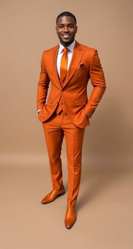 Ensemble costume cintré 3 pièces orange brûlé – Blazer moderne pour homme à boutonnage simple, gilet et pantalon