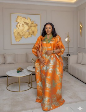 Orange Gold Luxury Brocade Kaftan with Green Embellished Neckline