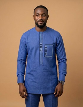 Royal Blue Geometric Embroidered Senator Wear – Men's 2-Piece Long-Sleeve &amp; Trousers