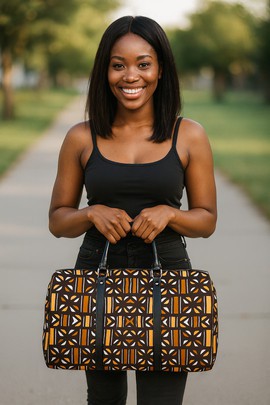 African Leather Bag for Travel Mud Cloth Buntu Pattern
