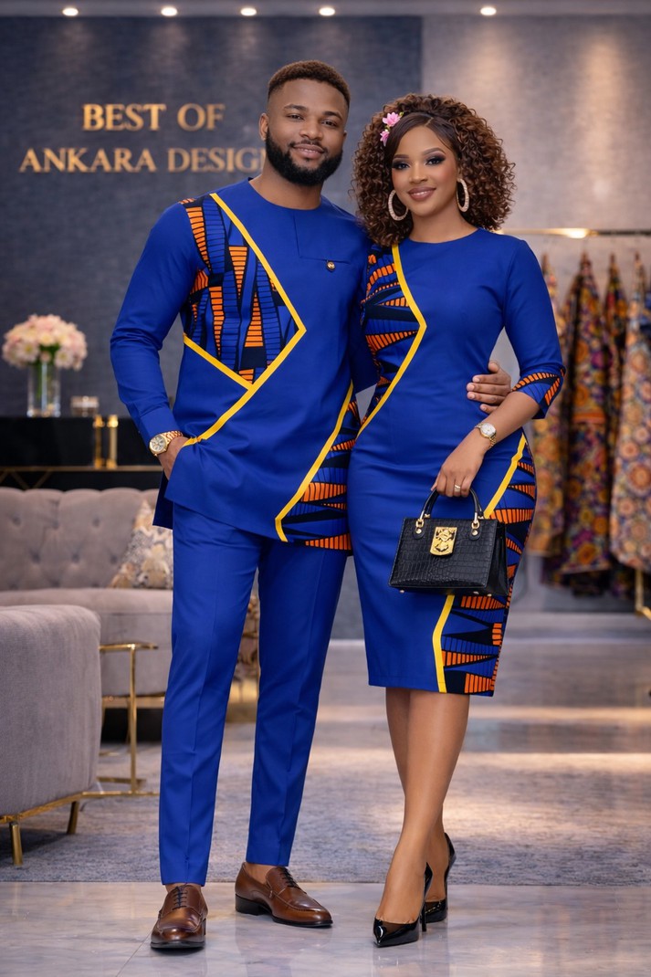 gold blue dress husband African Dress Husband and Wife Matching