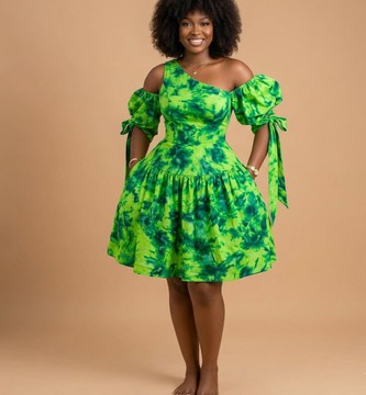 Women Emerald One-Shoulder Adire Midi Dress