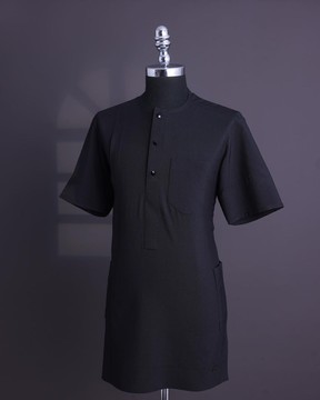 A charcoal black, brown Aaron wool, front flap shorts sleeve African senator kaftan native.