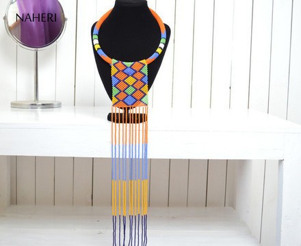 African Maasai Necklace | Zulu Beaded Orange Fringe Neck Piece