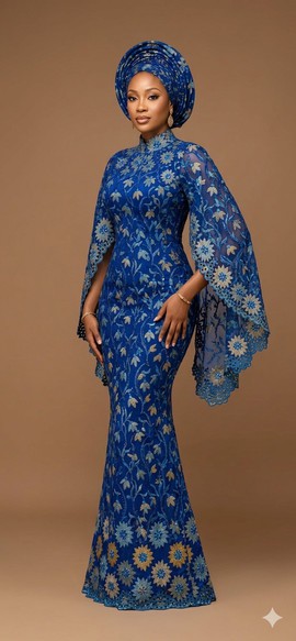 Royal Blue and Gold Cape Sleeve Lace Gown