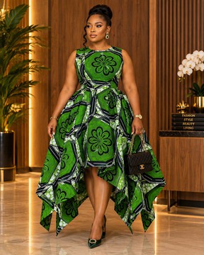 Green Regal Ankara High-Low Statement Dress, African Fashion style women