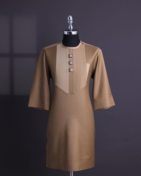 A Tortilla brown, invisible zip, black connected metal tag, 3/4 sleeve kaftan