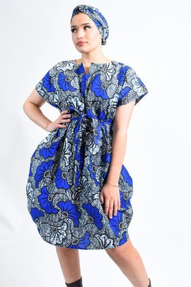 Robe Caftan Avec Poches-Imprimé Wax Fleur de Mariage Bleues