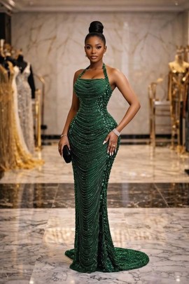 Robe à col licou perlée vert émeraude