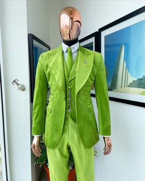 A “peaky blinders” Lime grey, monochrome velvet, hand knitted peak lapel suit