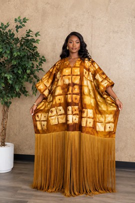 Robe caftan Ankara marron doré avec motif patchwork et longues franges