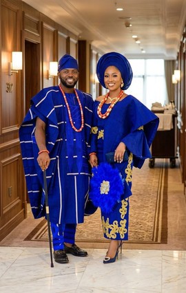 Royal Blue Couples Yoruba Agbada &amp; Gold Embroidered Iro and Buba Set