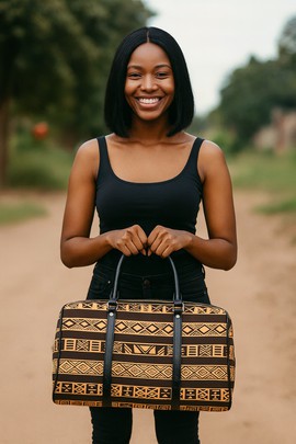 African Leather Bag for Travel Ancient Bogolan Pattern