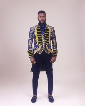 “Abingdon” royalty tail gold and blue floral metallic Jacquard tuxedo suit