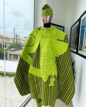 A stripe lemon green and olive green, aso oke regal agbada