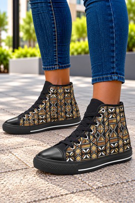 Geometric Kuba mudcloth grid print Women's Classic High Top Canvas Shoes | African Sneakers
