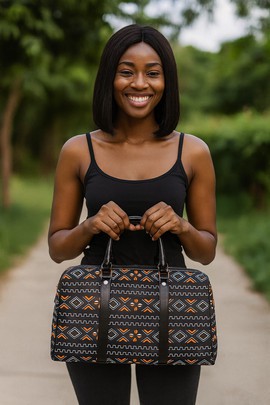 African Leather Bag for Travel Mud Cloth Themed Pattern