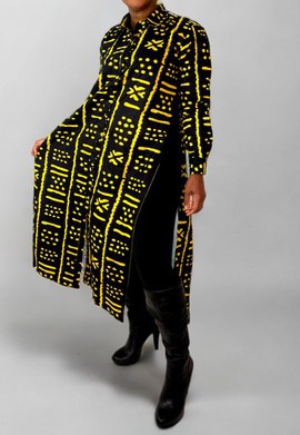 Black and Yellow Tribal Print Midi Side and Back Slit Tunic Blouse