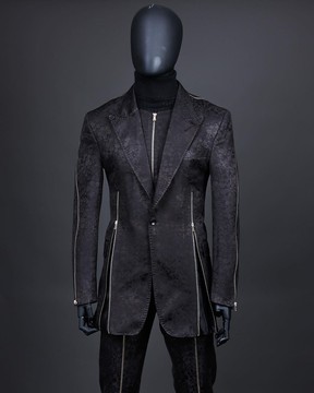 Un costume de blazer tricoté à la main, "Ziplock" noir anthracite à pois et dispersés floral paisley Jacquard