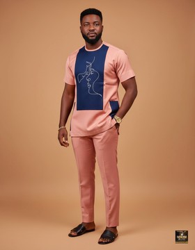 Peach/ Navy Blue Two-Piece Kaftan