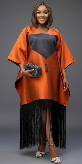 Chic Orange and Black Fringe Kaftan Dress – Statement Style for Any Occasion