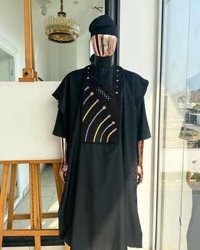 A charcoal black, a thrown javelin metallic wire embroidery details Agbada