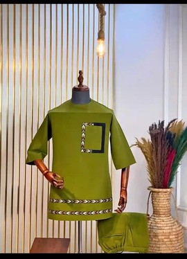 Men's Olive Green African Print Trim Short Sleeve Top and Trouser Set